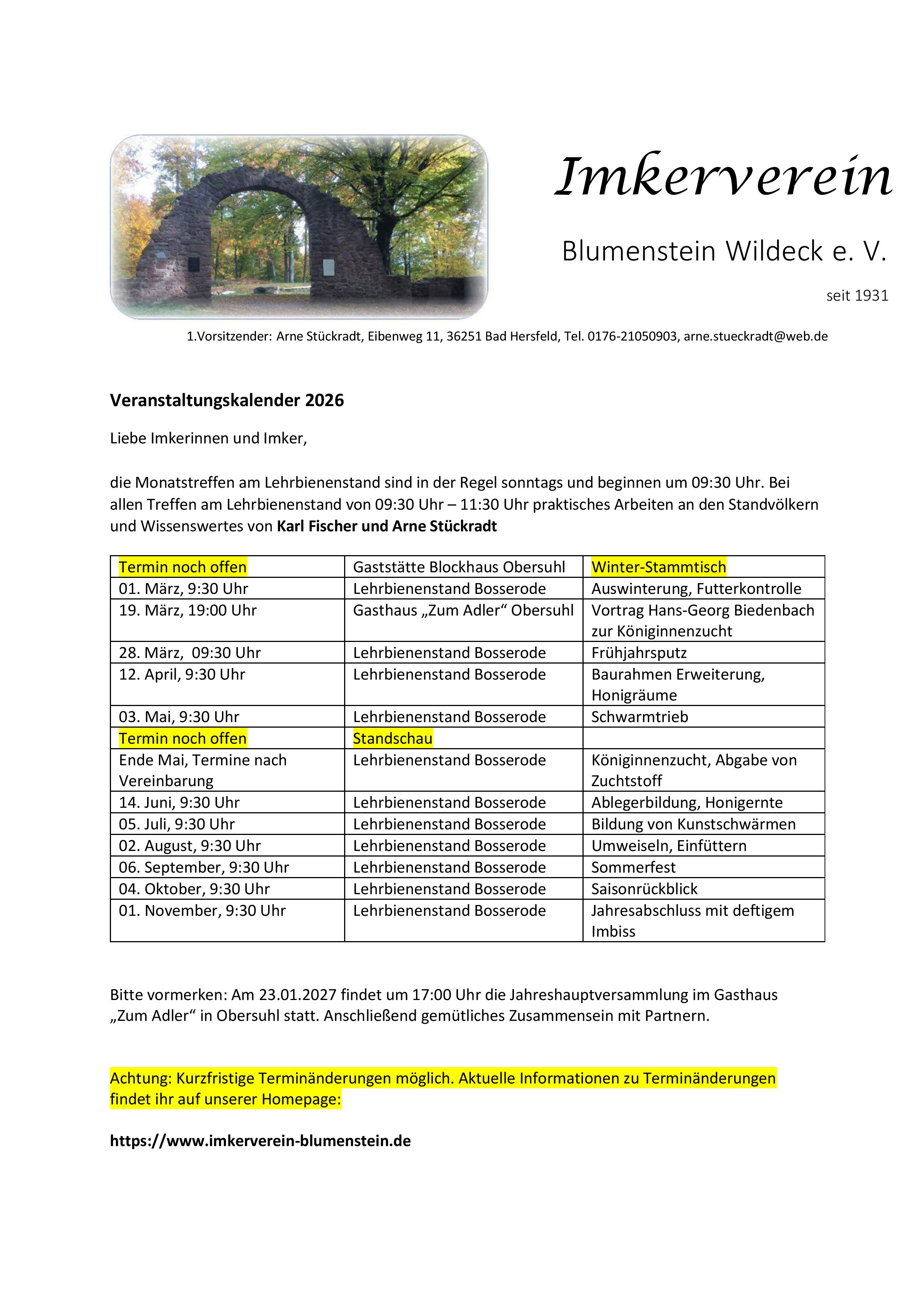 Veranstaltungskalender 2026